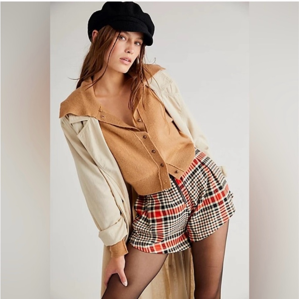FREE PEOPLE Mayfair Pleated Shorts Orange Brown Black Tan Plaid New With Tags